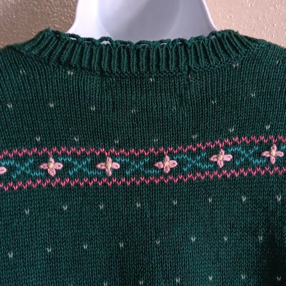 Northern Isles II Hand Embroidered Vintage Bunny Cottage Sweater Green Fall Knit - Picture 10 of 10